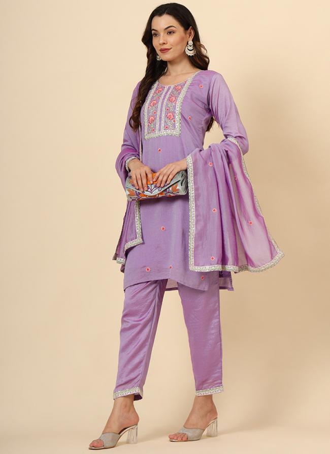 Vichitra Silk Purple Traditional Wear Embroidery Work Readymade Kurti Set